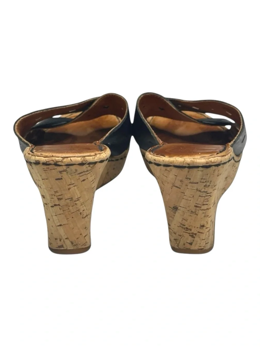 Born® 𖤐 Cross Font Laser Cut Cork Wedge Heel Sandals 𖤐 Black Leather 𖤐 6 36.5